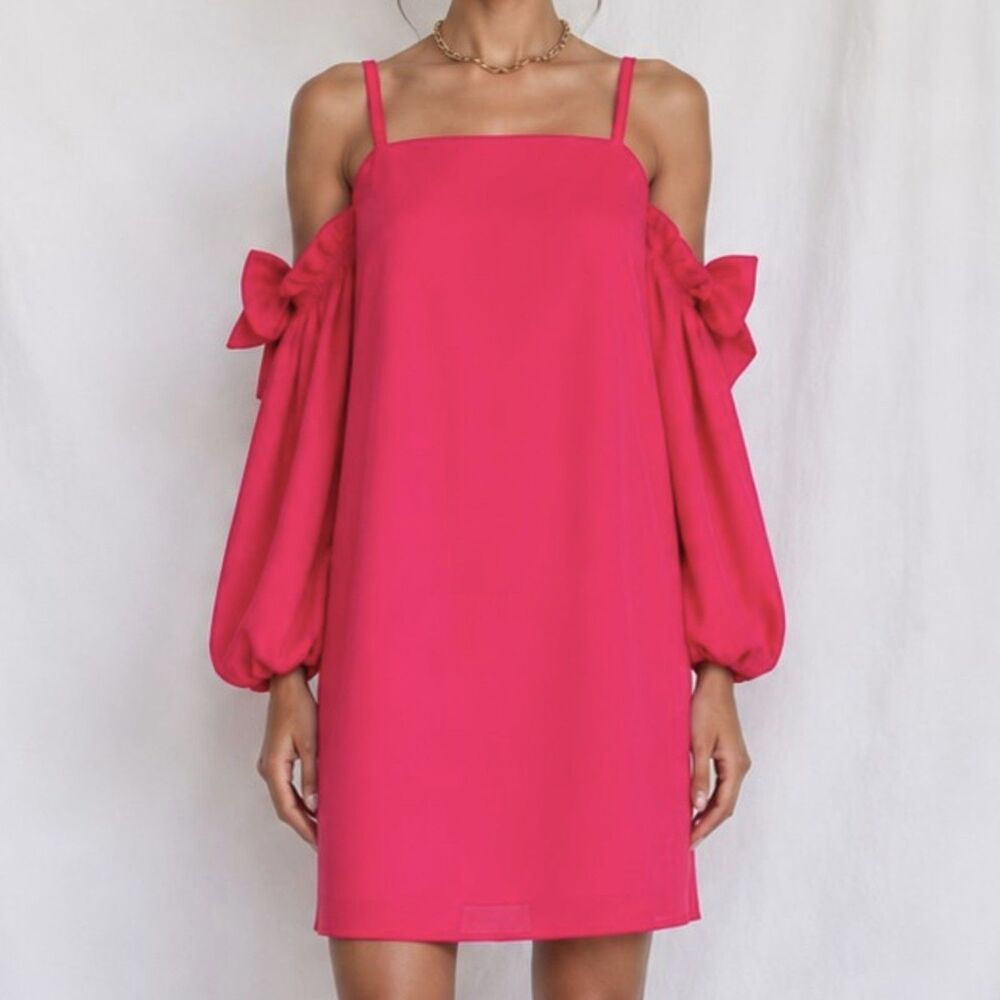 Vintage Y2K 90s Pink Cold Shoulder Long Puffy Sleeve Shift Preppy Dress Size M